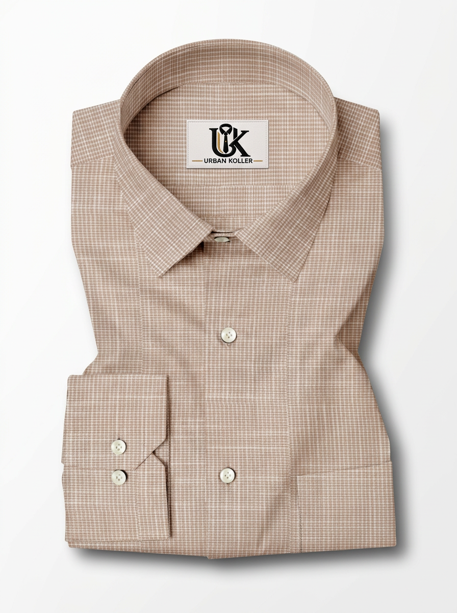 Men’s Light Taupe Beige Micro Check Regular Fit Formal Casual Shirt, Full & Half Sleeve