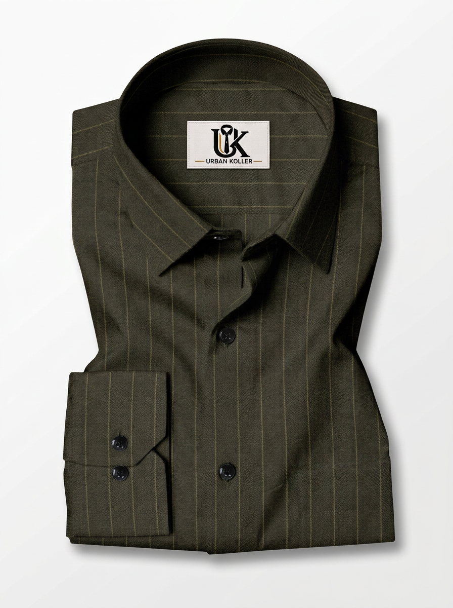 Men's Dark Olive Green Pinstripe Shirt Regular Fit Premium Formal Business Casual Wear Main image