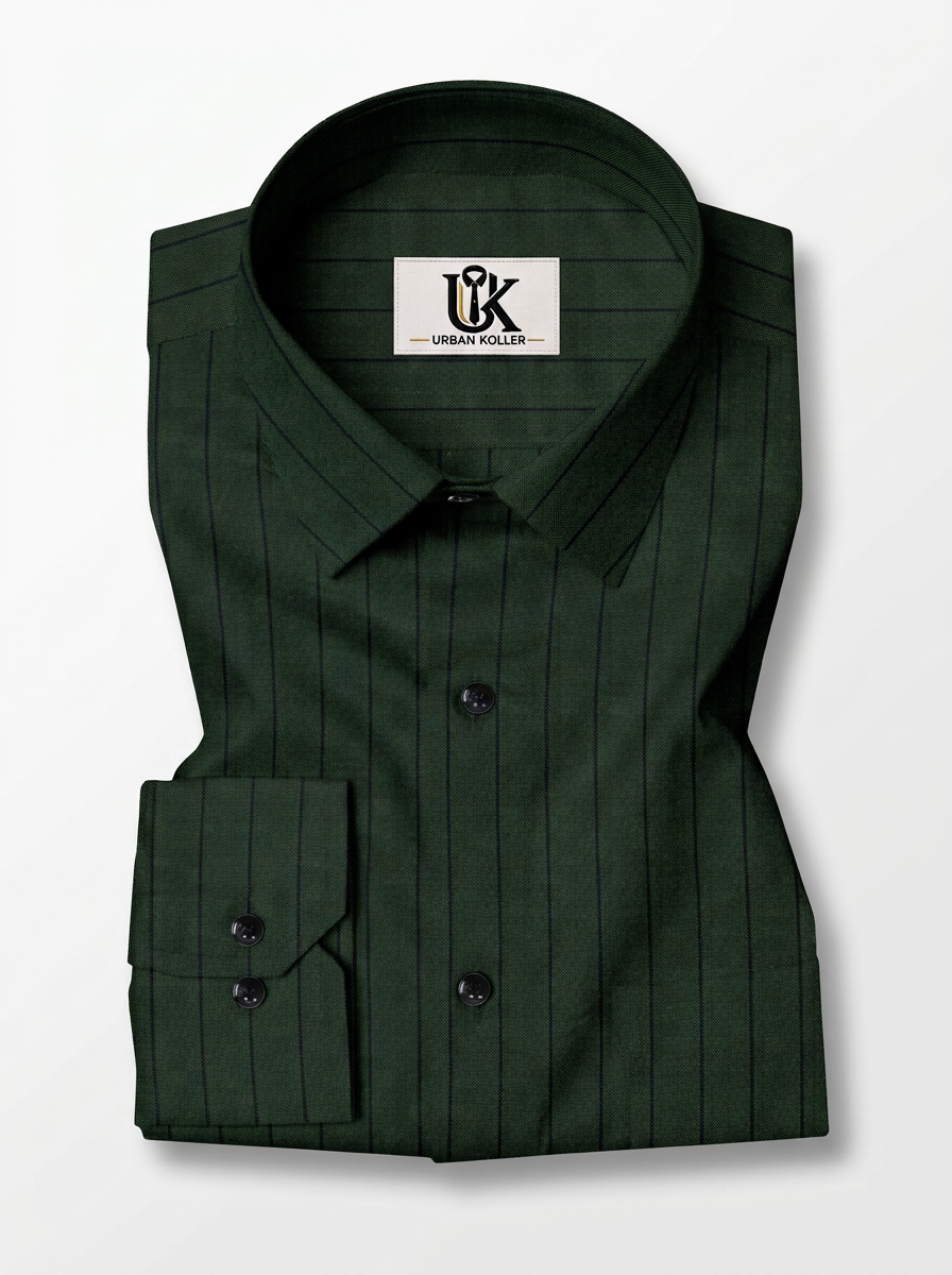 Men's Dark Forest Green Pinstripe Shirt Regular Fit Premium Formal Casual Wear Main image