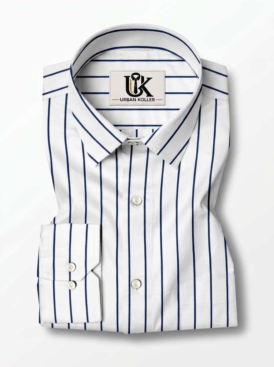 Men's White Navy Blue Stripe Shirt Regular Fit Premium Formal Casual Wear Main image
