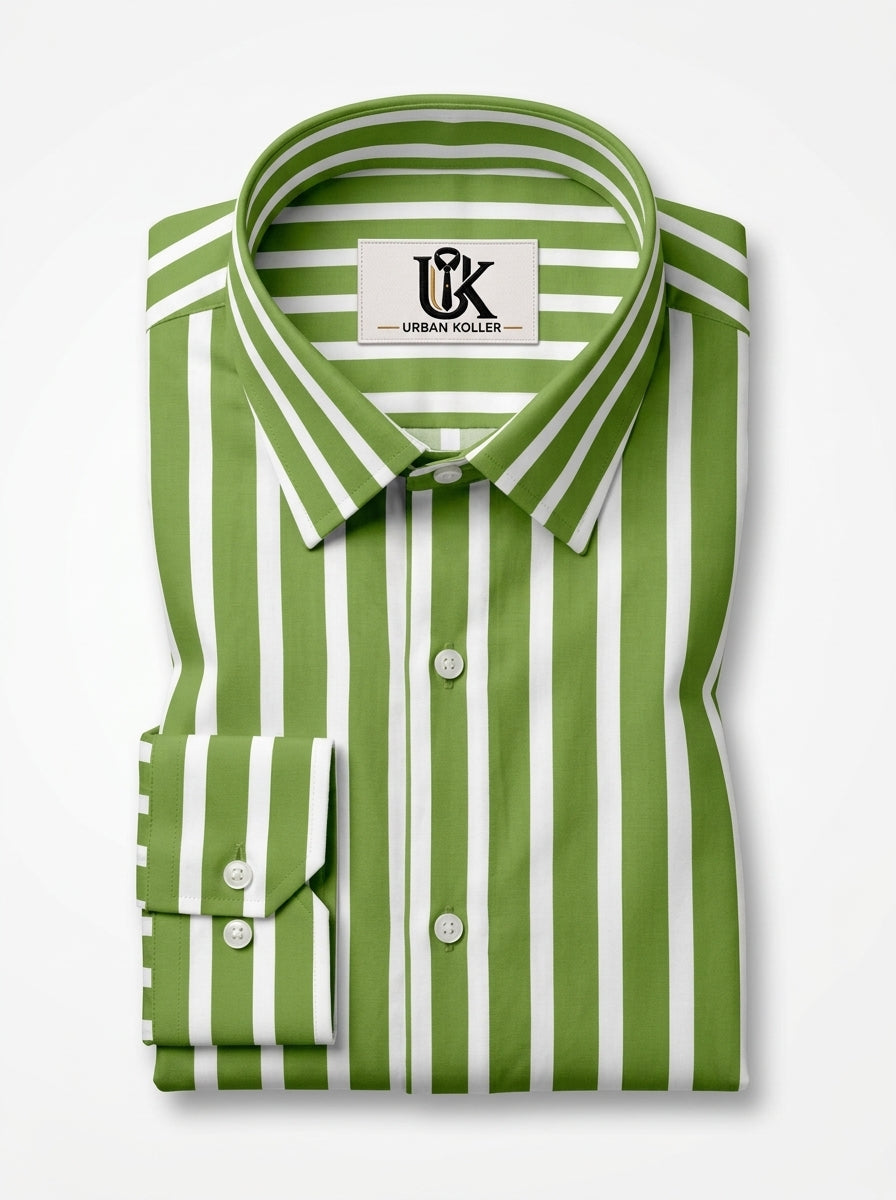 Men's Green & White Vertical Striped Regular Fit Formal Shirt | Full & Half Sleeve