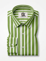 Men's Green & White Vertical Striped Regular Fit Formal Shirt | Full & Half Sleeve