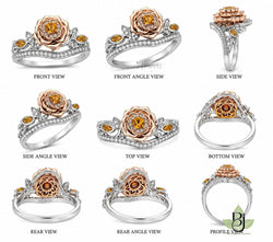 For complete product documentation and CAD/render generation, the following **distinct viewing angles** will provide a comprehensive representation of the ring while ensuring the **product design, center diamond, side stones, prongs, gallery, floral details, vine shank, and two-tone metal finish** remain identical to the provided reference.1. **Direct Frontal Orthographic View**   * Camera centered directly in front of the ring.   * Diamond table faces the camera.   * Band perfectly symmetrical.2. **Straight Rear Orthographic View**   * Camera directly behind the ring.   * Shows rear gallery, basket structure, and shank.3. **Left Side Profile (90°)**   * Perfect left elevation.   * Displays basket height, prongs, floral gallery, and band thickness.4. **Front Three-Quarter Left View (45°)**   * Slight rotation toward the left.   * Reveals the center diamond, marquise side stones, gallery, and vine detailing.5. **Bottom Orthographic View**    * Camera directly beneath the ring.    * Displays the inner shank, gallery openings, and under-gallery construction.6. **High Three-Quarter Right View**    * Steep downward angle toward the right.    * Reveals the opposite upper profile.7. **Exploded Top Detail (Macro)**    * Close-up of the center diamond, prongs, marquise side stones, and floral gallery.8. **Gallery Macro Side View**    * Close-up of the intricate vine, leaf, and floral elements beneath the center stone.### Fidelity Requirements (apply to every view)* **Maintain the product design exactly as the reference image.*** **Preserve the exact center diamond shape, proportions, size, facet pattern, and brilliance.*** **Do not modify the band width, shank profile, basket height, or gallery architecture.*** **Generate each view with true orthographic or accurately controlled perspective as specified, ensuring dimensional consistency across all angles.**