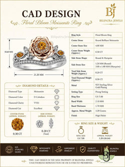 A professional graphic design layout on a soft off-white cream background presents a CAD design specification sheet for a Uploaded Product, with the large bold dark brown serif title CAD DESIGN centered at the top and given the subtitle write title of product in refined gold script lettering flanked by delicate ornamental flourishes, while the upper right corner displays the stylized gold Bj monogram with a small leaf accent above the text BILIPATRA JEWELS in elegant gold serif typography separated by a thin decorative line, the central left portion features a highly detailed front view rendering of the uploaded product, accompanied by precise black dimension lines and arrows indicating a vertical measurement and a horizontal width, to the right a clean two-column specifications table in dark brown text lists ring style, center stone, center stone size, center stone weight approx, side stone shape, side stone size, total side stone weight approx, total diamond weight approx, metal 925 sterling silver, gold plating, setting type, ring size, band width, band thickness, approx metal weight and finish high polish, below the ring a bordered diamond details panel shows diamond type moissanite, diamond color D colorless, diamond clarity VVS1, diamond cut excellent along with small diamond icons and separate illustrations of the center stone approx. weight and side stones, a matching bordered ring size and weight box appears at bottom right with icons and text ring size and approx weight in grams, a dark brown footer banner spans the width with gold icons and text for 925 sterling silver, moissanite diamond, handmade jewelry, quality guaranteed and bilipatra jewels, and a centered copyright line at the very bottom reads this cad design is the sole property of bilipatra jewels unauthorized reproduction or use is strictly prohibited, the composition employs a balanced modular grid layout with generous negative space, refined typography hierarchy using classic serif headings and clean sans-serif body text, a warm luxury color palette of cream, deep chocolate brown and metallic gold accents, subtle drop shadows under the ring rendering and crisp vector lines throughout, overall minimalist elegant professional product presentation style with high polish finish and ultra sharp detail.