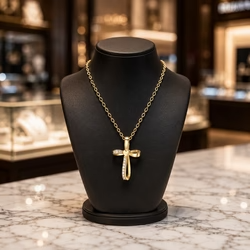 A realistic professional studio photograph of a sleek black matte jewelry display bust centered on a polished white marble countertop with intricate gray veining and soft light reflections, the bust featuring a rounded cylindrical top and contoured shoulders clad in a textured black fabric-like material, displaying uploaded necklaces, Necklace exhibiting precise metallic sheen, subtle highlights, and consistent link detail, the display resting on a circular black base that sits firmly on the marble surface, set against a softly blurred luxurious jewelry store background with glass display cases, warm glowing bokeh lights, and indistinct architectural elements suggesting high-end retail architecture, captured on a Canon EOS R5 with an 85mm f/1.4 lens at f/2.8 aperture creating sharp focus on the bust and necklaces while rendering creamy smooth bokeh in the background and foreground, soft diffused warm lighting from multiple angles producing gentle specular highlights on the gold chains and subtle shadows that accentuate the bust's contours, shallow depth of field isolating the subject with a luxurious cinematic color grade featuring warm tones and soft contrast reminiscent of high-end product photography on Kodak Portra film emulation, composition perfectly centered with the bust occupying the central portion of the frame and the marble surface extending across the foreground with visible light reflections and delicate texture details, overall atmosphere elegant and sophisticated with an ultra-detailed 8K resolution that captures every link in the chains, the fine grain of the black bust material, and the polished stone surface. Output image quality must be exactly 2000 x 2000 pixels.