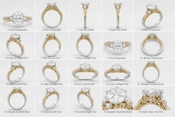 For complete product documentation and CAD/render generation, the following **distinct viewing angles** will provide a comprehensive representation of the ring while ensuring the **product design, center diamond, side stones, prongs, gallery, floral details, vine shank, and two-tone metal finish** remain identical to the provided reference.1. **Direct Frontal Orthographic View**   * Camera centered directly in front of the ring.   * Diamond table faces the camera.   * Band perfectly symmetrical.2. **Straight Rear Orthographic View**   * Camera directly behind the ring.   * Shows rear gallery, basket structure, and shank.3. **Left Side Profile (90°)**   * Perfect left elevation.   * Displays basket height, prongs, floral gallery, and band thickness.4. **Right Side Profile (90°)**   * Perfect right elevation.   * Mirrors the opposite side while preserving every design detail.5. **Front Three-Quarter Left View (45°)**   * Slight rotation toward the left.   * Reveals the center diamond, marquise side stones, gallery, and vine detailing.6. **Front Three-Quarter Right View (45°)**   * Slight rotation toward the right.   * Displays the opposite side of the gallery and pavé details.7. **Rear Three-Quarter Left View**   * Shows the underside of the basket and inner shank from the left rear.8. **Rear Three-Quarter Right View**   * Shows the opposite rear perspective with complete gallery visibility.9. **Top Orthographic View**   * Camera directly above the ring.   * Highlights diamond shape, prong arrangement, marquise accents, and ring head symmetry.10. **Bottom Orthographic View**    * Camera directly beneath the ring.    * Displays the inner shank, gallery openings, and under-gallery construction.11. **High Three-Quarter Left View**    * Steep downward angle toward the left.    * Emphasizes crown height, table, and upper gallery.12. **High Three-Quarter Right View**    * Steep downward angle toward the right.    * Reveals the opposite upper profile.13. **Low Three-Quarter Left View**    * Camera below the ring looking upward.    * Highlights under-gallery architecture and basket.14. **Low Three-Quarter Right View**    * Opposite low-angle perspective.15. **Head-On Through the Band**    * Camera aligned directly through the circular opening of the shank.    * Center stone positioned above the band opening.16. **Opposite Through-the-Band View**    * Same alignment from the reverse direction.17. **Isometric Left View**    * Approximately 30° horizontal and 30° vertical.    * Ideal for CAD presentation.18. **Isometric Right View**    * Mirrored isometric perspective.19. **Exploded Top Detail (Macro)**    * Close-up of the center diamond, prongs, marquise side stones, and floral gallery.20. **Gallery Macro Side View**    * Close-up of the intricate vine, leaf, and floral elements beneath the center stone.### Fidelity Requirements (apply to every view)* **Maintain the product design exactly as the reference image.*** **Preserve the exact center diamond shape, proportions, size, facet pattern, and brilliance.*** **Do not modify the band width, shank profile, basket height, or gallery architecture.*** **Generate each view with true orthographic or accurately controlled perspective as specified, ensuring dimensional consistency across all angles.**