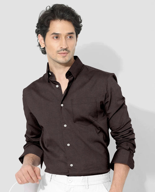 Men’s Dark Brown Solid Formal Shirt, Full Sleeve Point Collar Office and Business Casual Wear