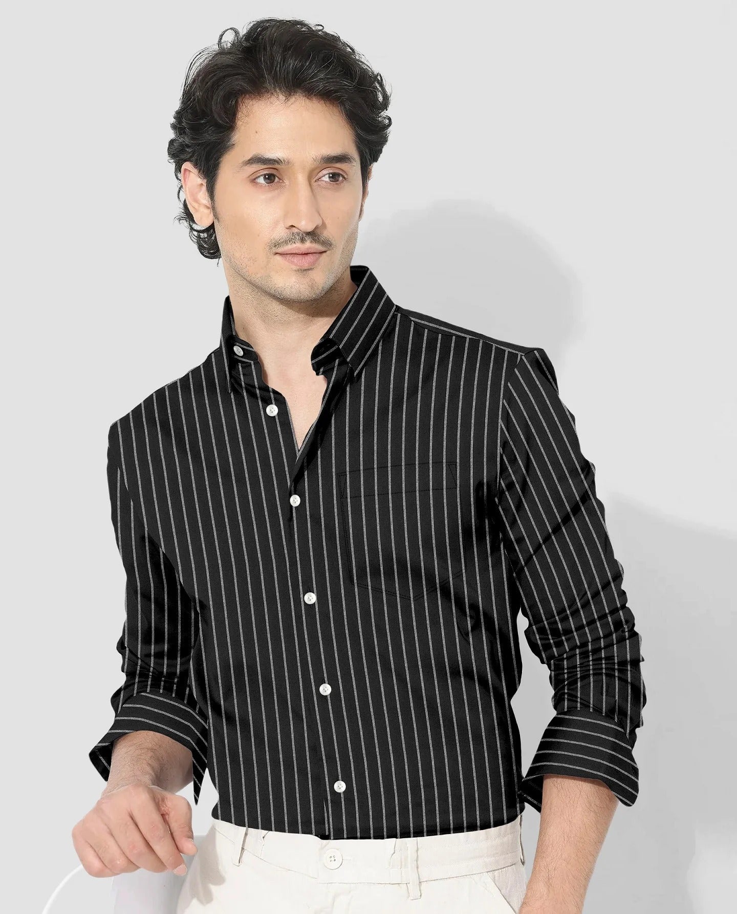 Ebony Black and Snow White Stripes Oxford Cotton Shirt Secondary image