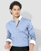 Robbia Blue And Milky White Stripes Oxford Structured Designer Cotton Shirt